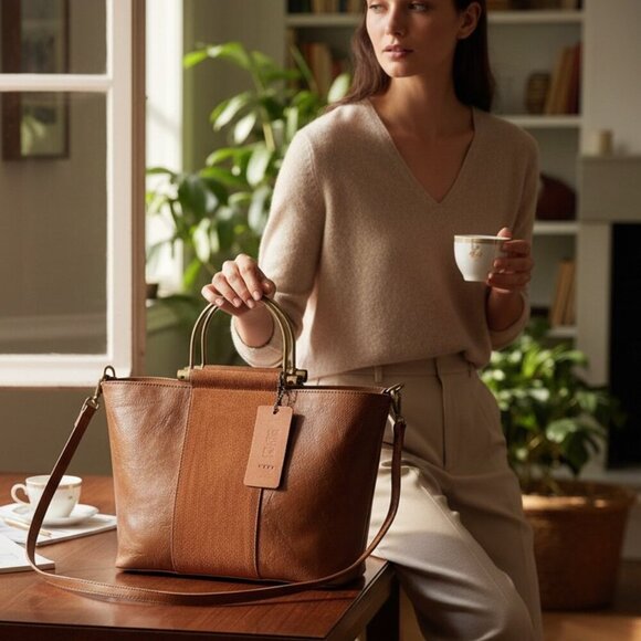 Handbags - 🔥 Modern Suede + Faux Leather Convertible Tote Bag — Rich Cognac Brown